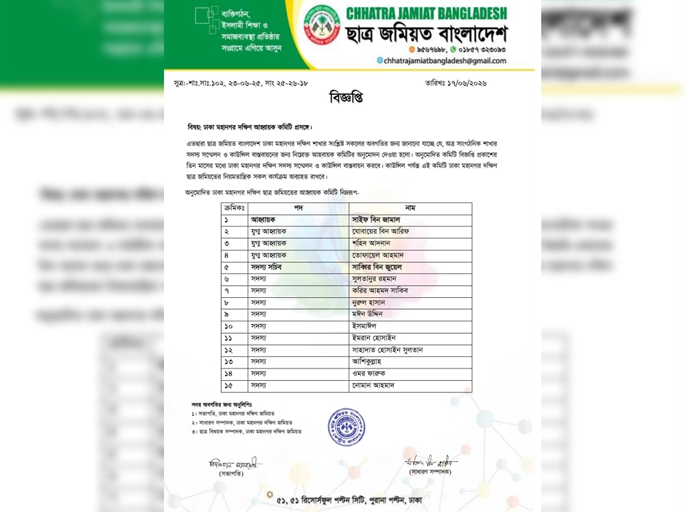 ছাত্র জমিয়ত বাংলাদেশের ঢাকা মহানগর দক্ষিণের আহ্বায়ক কমিটি অনুমোদন