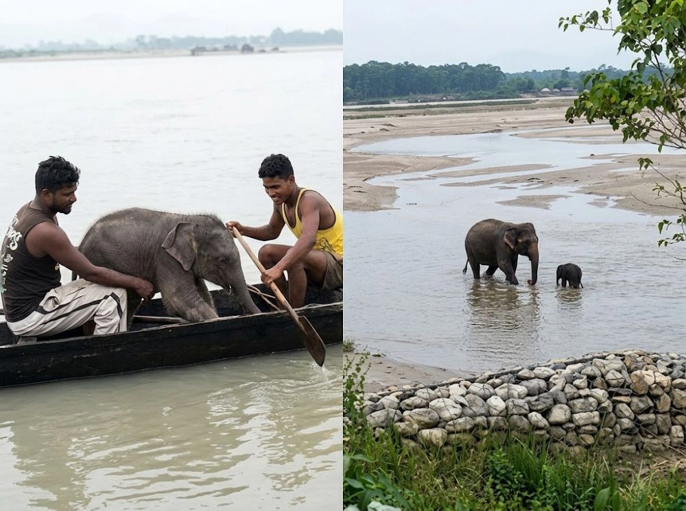 নদীতে ভেসে যাওয়া হাতিশাবককে মায়ের কাছে ফেরাল বন বিভাগ