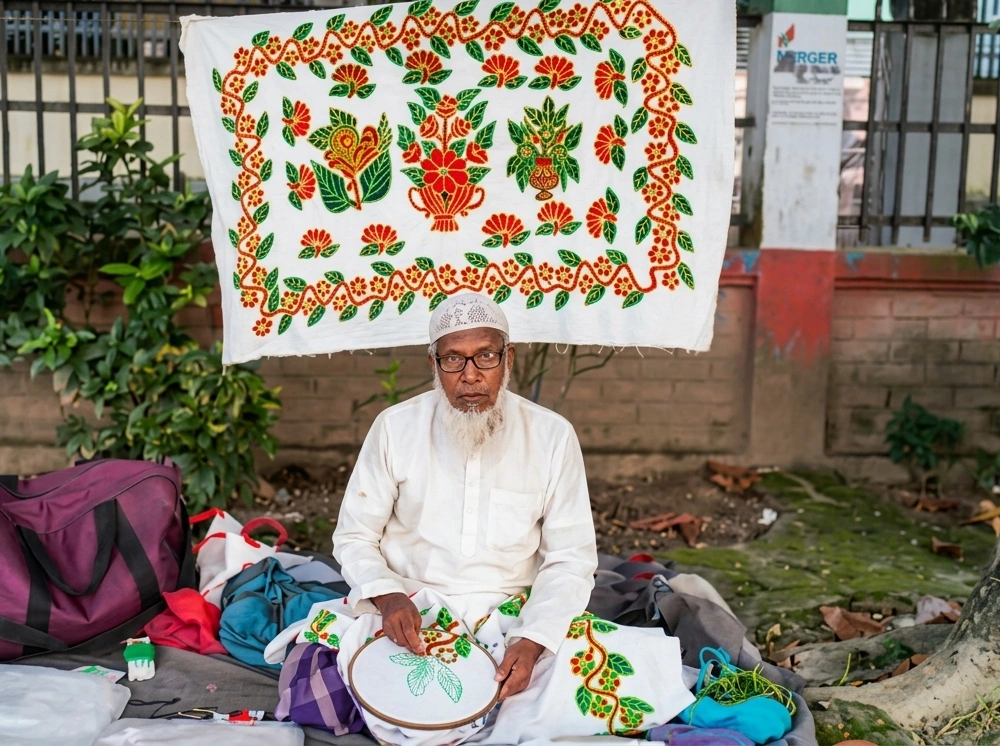 নকশিকাঁথার সুঁই-সুতায় হজের স্বপ্ন বুনছেন চাঁন মিয়া