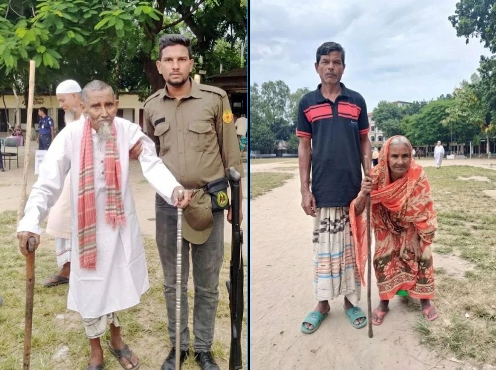 বয়সের বাধা পেরিয়ে কাঁধে ভর করে ভোটকেন্দ্রে বৃদ্ধ-বৃদ্ধা