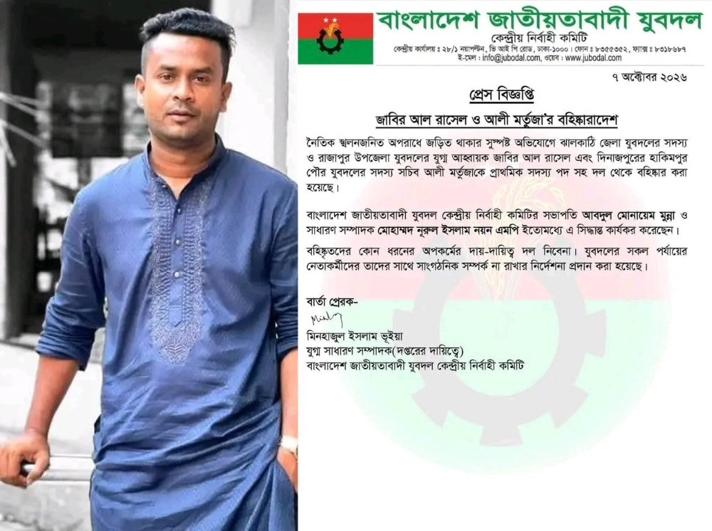 রাজাপুরে ইয়াবাসহ গ্রেফতার সেই যুবদল নেতা রাসেল বহিষ্কার
