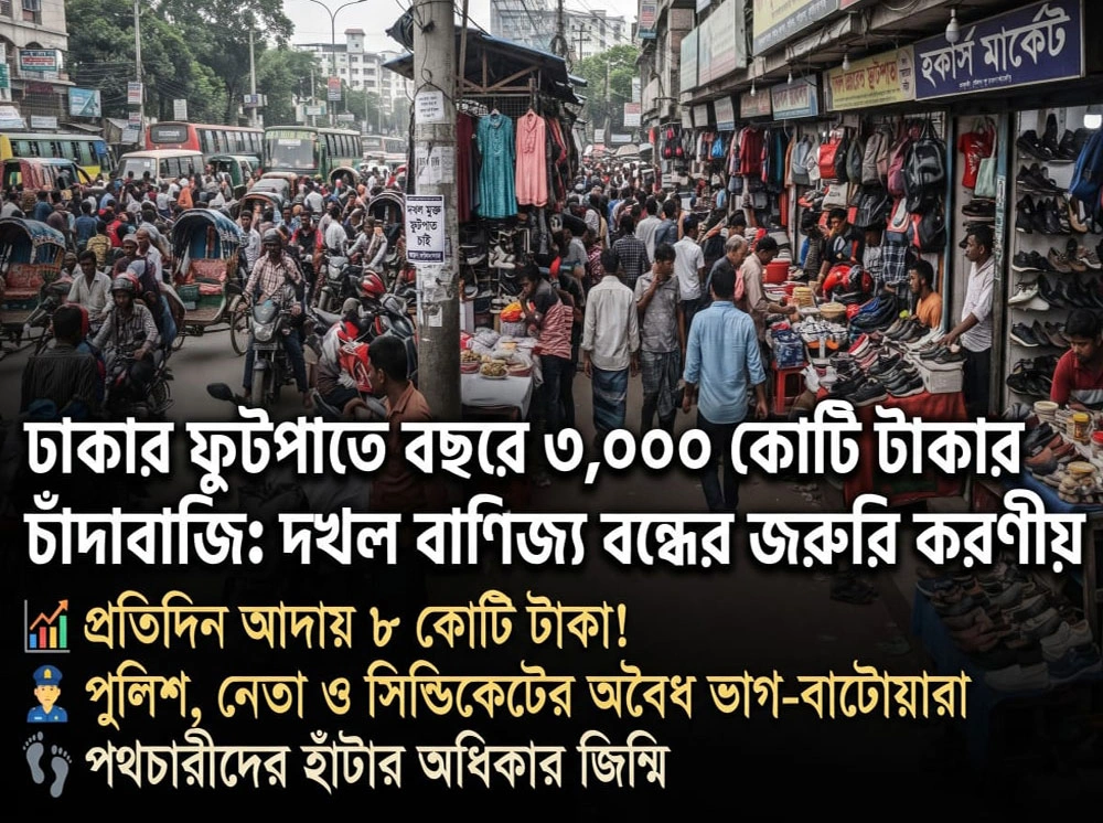 ঢাকার ফুটপাতে বছরে ৩ হাজার কোটি টাকার চাঁদাবাজি: দখল বাণিজ্য বন্ধের জরুরি করণীয়